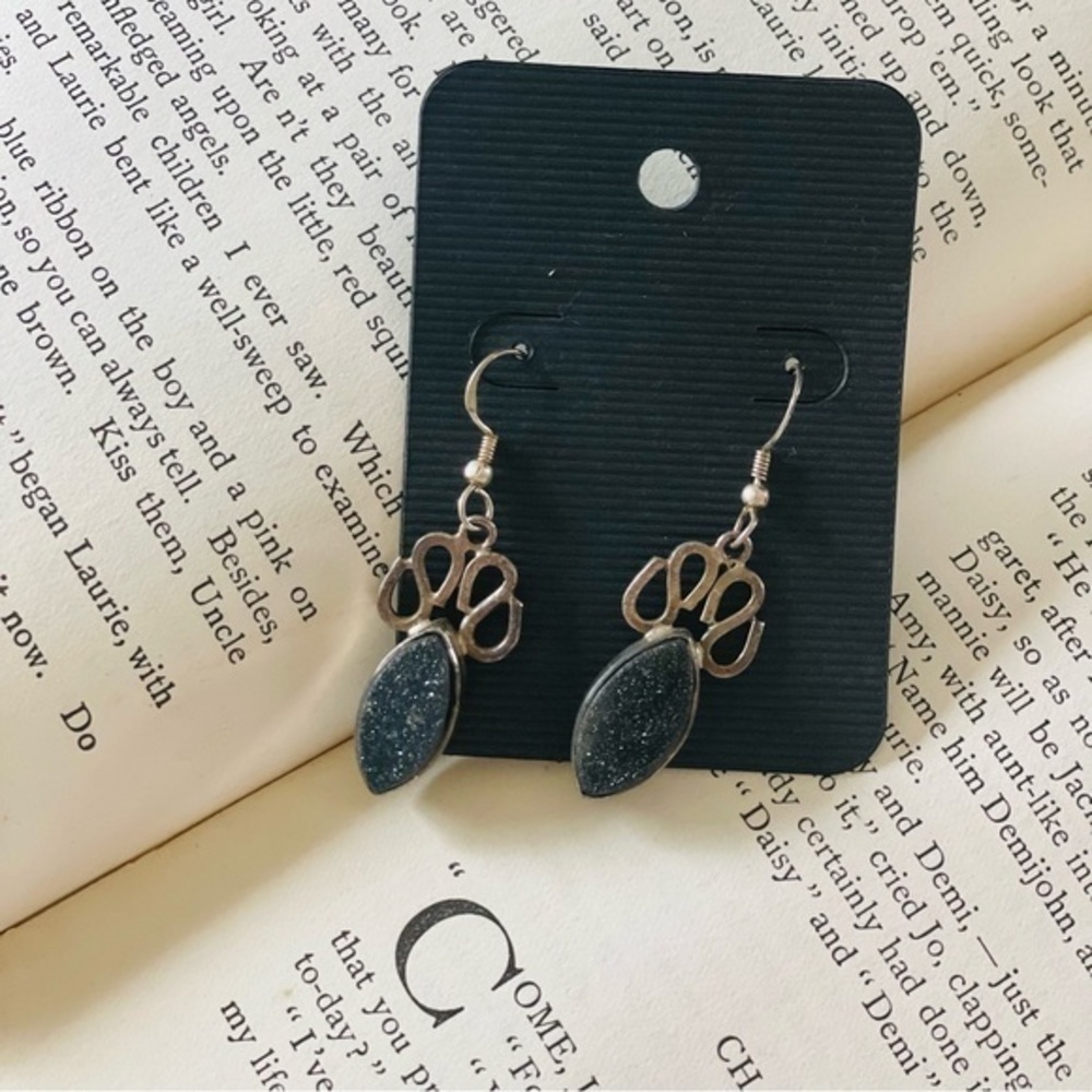 Natural Cluster Black Druzy 925 Solid Sterling Silver Drop Earrings